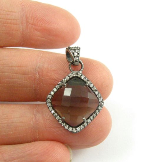 Wholesale Oxidized Sterling Silver Smokey Quartz Bezel Gemstone Diamond Shape Pave Pendant, Wholesale Gemstone Pendants for Jewelry Making