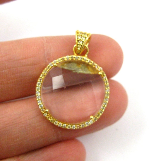 Wholesale Gold plated Sterling Silver Crystal Quartz Bezel Gemstone Round Pave Pendant, Wholesale Gemstone Pendants for Jewelry Making