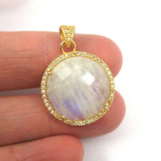 Wholesale Gold plated Sterling Silver Moonstone  Bezel Gemstone Round Pave Pendant, Wholesale Gemstone Pendants for Jewelry Making