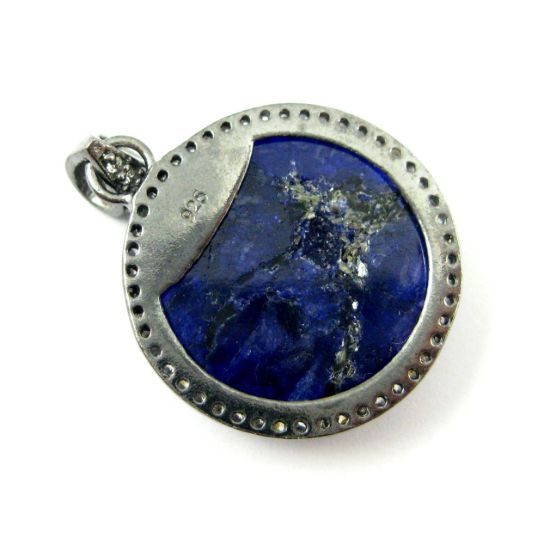 Wholesale Oxidized Sterling Silver Blue Sapphire Dyed Bezel Gemstone Round Pave Pendant, Wholesale Gemstone Pendants for Jewelry Making