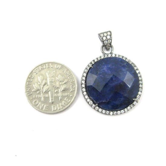 Wholesale Oxidized Sterling Silver Blue Sapphire Dyed Bezel Gemstone Round Pave Pendant, Wholesale Gemstone Pendants for Jewelry Making