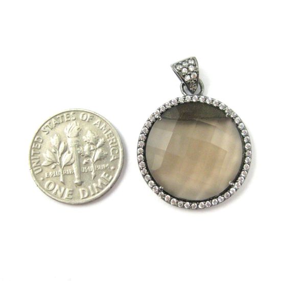 Wholesale Oxidized Sterling Silver Smokey Quartz Bezel Gemstone Round Pave Pendant, Wholesale Gemstone Pendants for Jewelry Making