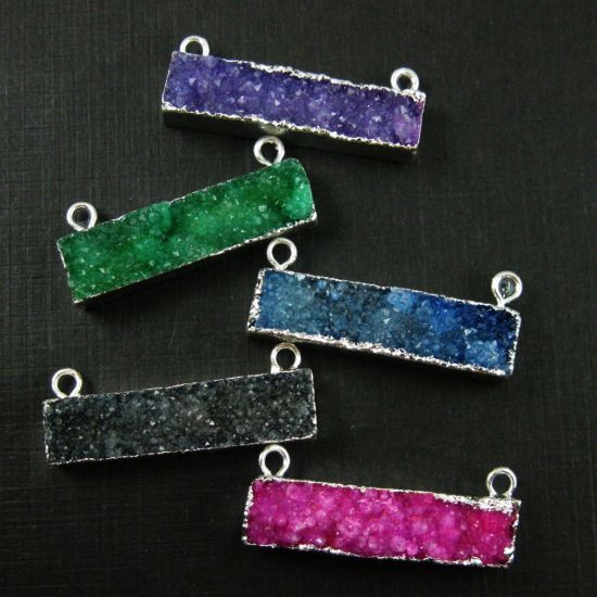 Wholesale Druzy Bar Connector Pendant, Rainbow Druzy Agate Bar- Top Rings- Silver plated Brass Edge and Bail -41mm