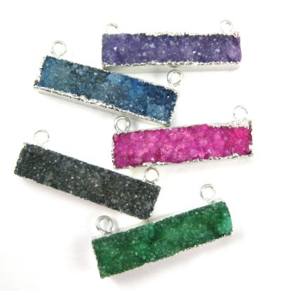 Wholesale Druzy Bar Connector Pendant, Rainbow Druzy Agate Bar- Top Rings- Silver plated Brass Edge and Bail -41mm