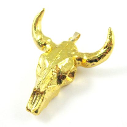 Wholesale Bull Skull Pendant, Natural Bone Skull Pendant, 24K Gold Covered, Huge Cow Skull Pendant, Horned Cattle Skull-57mm