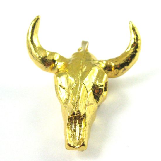 Wholesale Bull Skull Pendant, Natural Bone Skull Pendant, 24K Gold Covered, Huge Cow Skull Pendant, Horned Cattle Skull-57mm