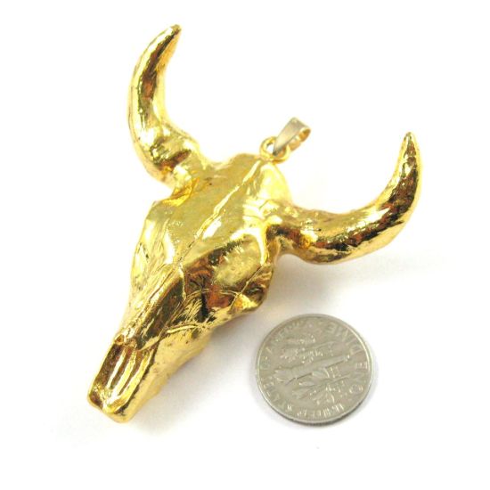 Wholesale Bull Skull Pendant, Natural Bone Skull Pendant, 24K Gold Covered, Huge Cow Skull Pendant, Horned Cattle Skull-57mm