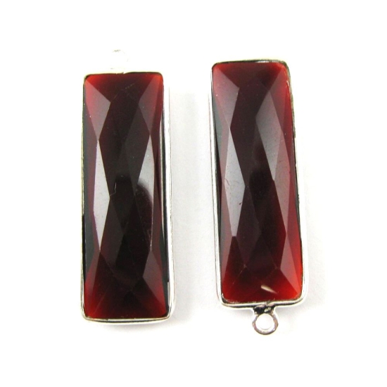Wholesale Sterling Silver Bezel Charm Pendant - 34x11mm Elongated Rectangle Shape - Garnet Quartz - January Birthstone