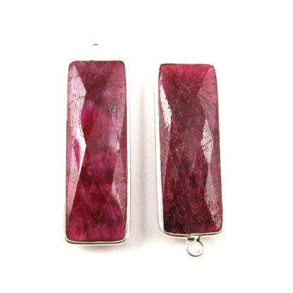 Wholesale Sterling Silver Bezel Charm Pendant - 34x11mm Elongated Rectangle Shape - Ruby Dyed - July Birthstone