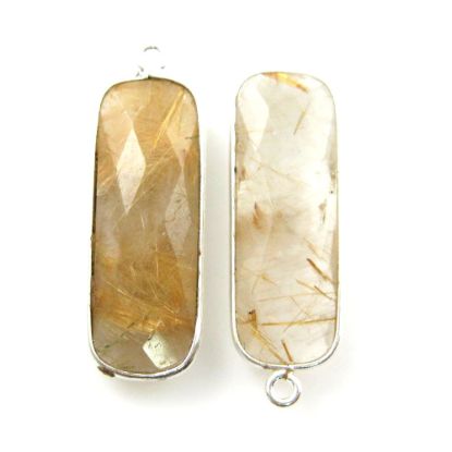 Wholesale Sterling Silver Bezel Charm Pendant - 34x11mm Elongated Rectangle Shape - Gold Rutilated Quartz