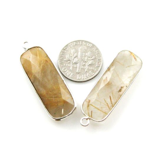 Wholesale Sterling Silver Bezel Charm Pendant - 34x11mm Elongated Rectangle Shape - Gold Rutilated Quartz