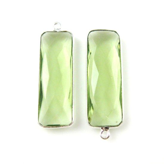 Wholesale Sterling Silver Bezel Charm Pendant - 34x11mm Elongated Rectangle Shape - Green Amethyst Quartz