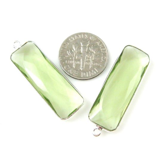 Wholesale Sterling Silver Bezel Charm Pendant - 34x11mm Elongated Rectangle Shape - Green Amethyst Quartz