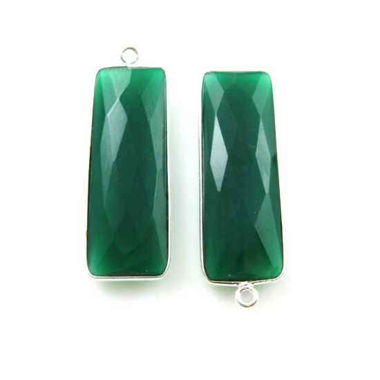 Wholesale Sterling Silver Bezel Charm Pendant - 34x11mm Elongated Rectangle Shape - Green Onyx