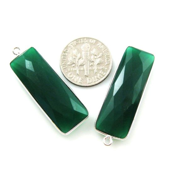 Wholesale Sterling Silver Bezel Charm Pendant - 34x11mm Elongated Rectangle Shape - Green Onyx