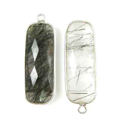 Wholesale Sterling Silver Bezel Charm Pendant - 34x11mm Elongated Rectangle Shape - Black Rutilated Quartz