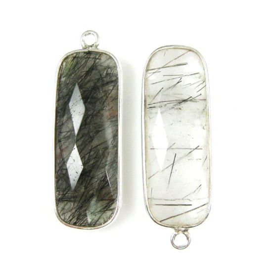 Wholesale Sterling Silver Bezel Charm Pendant - 34x11mm Elongated Rectangle Shape - Black Rutilated Quartz