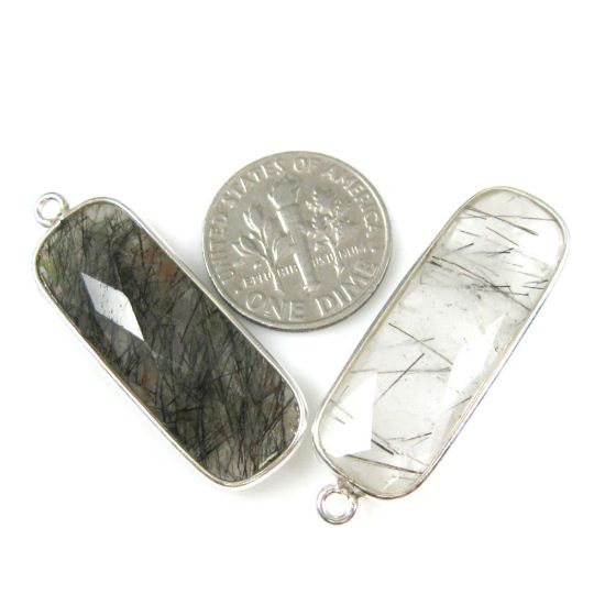 Wholesale Sterling Silver Bezel Charm Pendant - 34x11mm Elongated Rectangle Shape - Black Rutilated Quartz