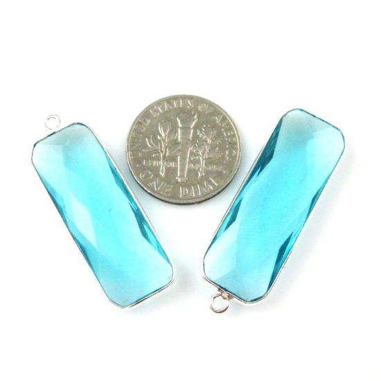 Wholesale Sterling Silver Bezel Charm Pendant - 34x11mm Elongated Rectangle Shape - Blue Topaz Quartz - December Birthstone