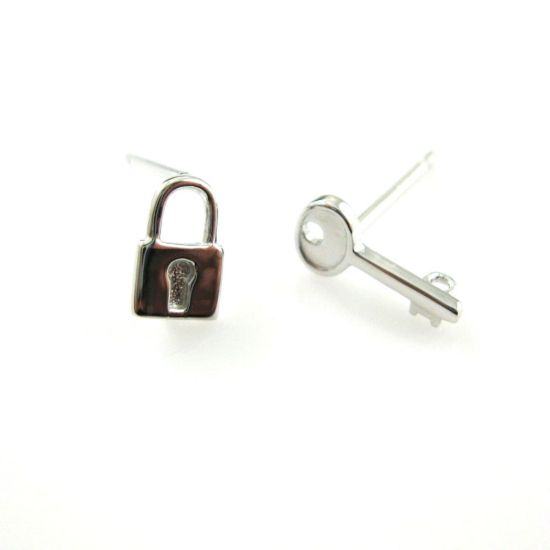 Wholesale Rhodium plated Sterling Silver Lock and KeyEarring Studs for Jewelry Making, Wholesale Earwire and Findings