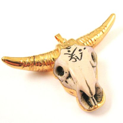 Wholesale Bull Skull Pendant, Natural Bone Skull Pendant, 24K Gold Edging, Tribal Cow Skull with Markings Pendant, Horned Bone Skull- 51mm