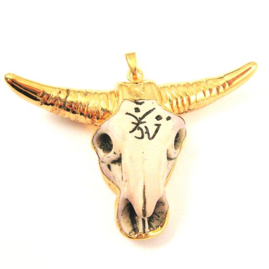 Wholesale Bull Skull Pendant, Natural Bone Skull Pendant, 24K Gold Edging, Tribal Cow Skull with Markings Pendant, Horned Bone Skull- 51mm