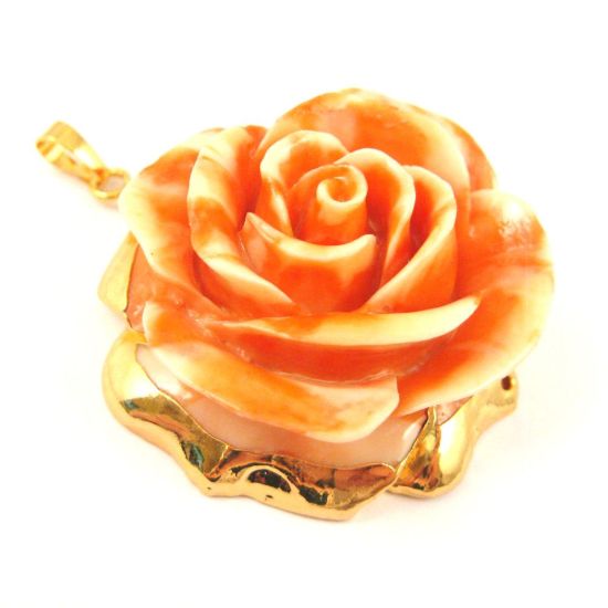 Wholesale Large Rose Pendant, Natural Carved Resin with 24K Gold Plated Brass, Gold Dipped Rose- Orange and White Rose