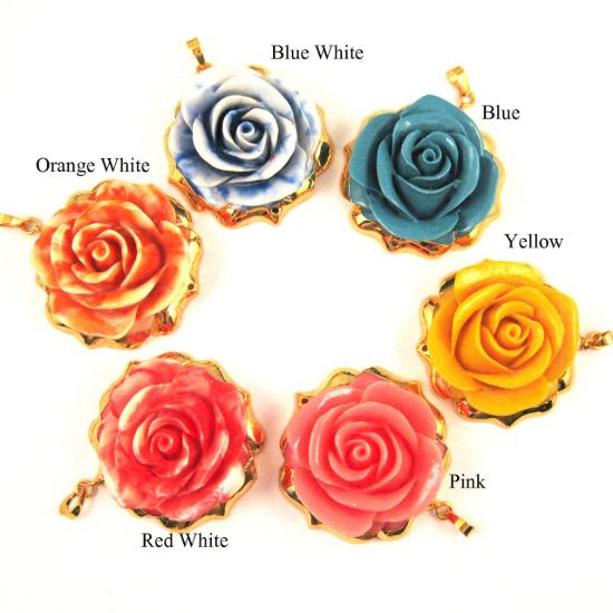 Wholesale Large Rose Pendant, Natural Carved Resin with 24K Gold Plated Brass, Gold Dipped Rose- Orange and White Rose