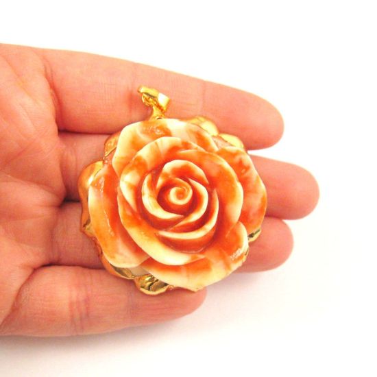 Wholesale Large Rose Pendant, Natural Carved Resin with 24K Gold Plated Brass, Gold Dipped Rose- Orange and White Rose