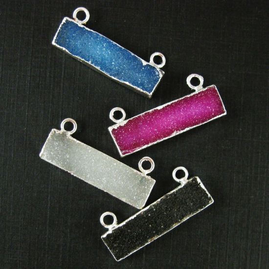 Wholesale Natural Druzy Agate Bar Connector Pendant, Silver plated Long Horizontal Bar-Blue