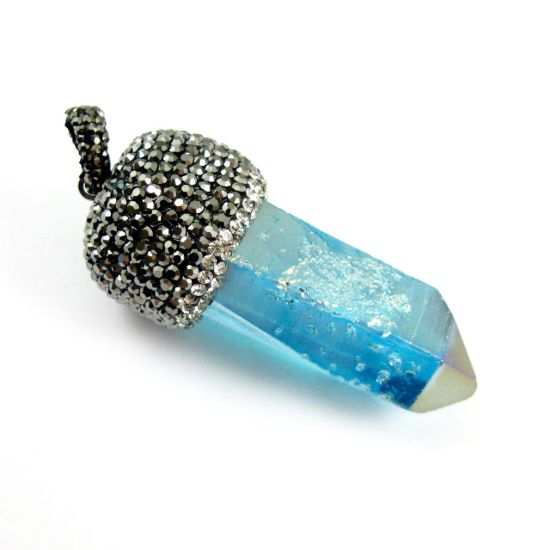 Wholesale Titanium Blue Aura Quartz Pendulum Pendant with Zircon Pave Top and Bail - Small