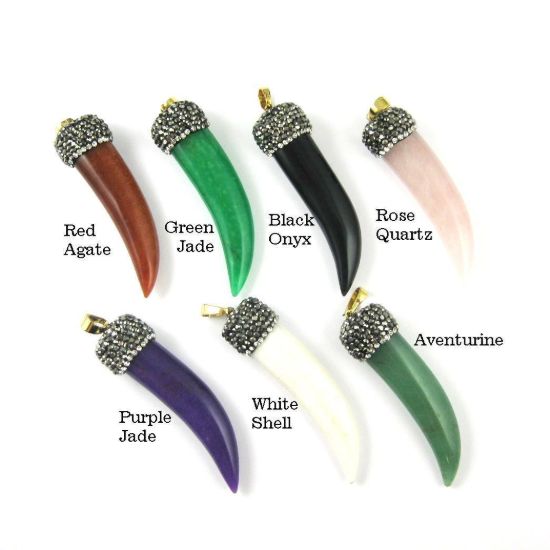 Wholesale Pave Gemstone Tusk Pendant, Zircon Pave Top- Horn Tusk Shaped Pendant - Purple Jade - 54 mm