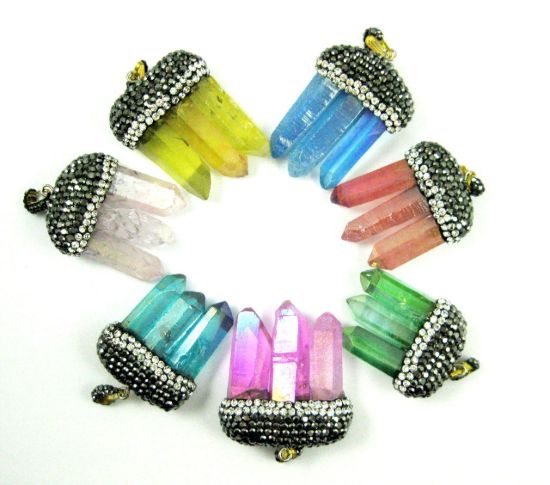 Wholesale Natural Aura Quartz Tri Crystal Pave Pendant - Tri Pendulum Spike Pendant - Yellow Crystal- 45mm