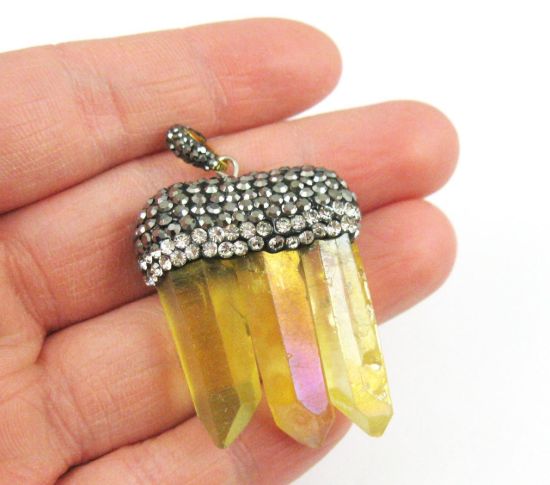Wholesale Natural Aura Quartz Tri Crystal Pave Pendant - Tri Pendulum Spike Pendant - Yellow Crystal- 45mm