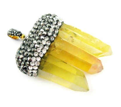 Wholesale Natural Aura Quartz Tri Crystal Pave Pendant - Tri Pendulum Spike Pendant - Yellow Crystal- 45mm