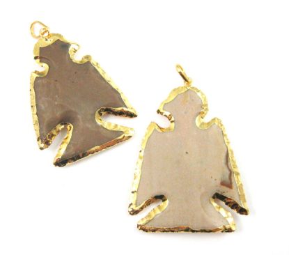 Wholesale Natural Indian Jasper Pendant, Carved Bird Arrowhead Pendant, Gold Dipped Edging, Folk Style Nature Stone Necklace Pendant- Solid Stone