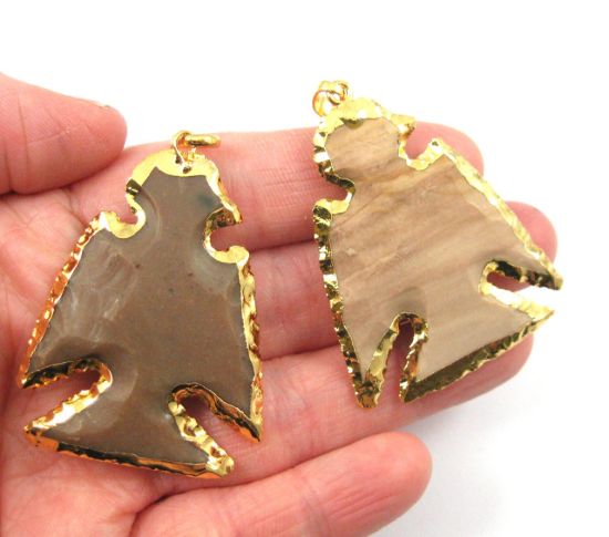 Wholesale Natural Indian Jasper Pendant, Carved Bird Arrowhead Pendant, Gold Dipped Edging, Folk Style Nature Stone Necklace Pendant- Solid Stone