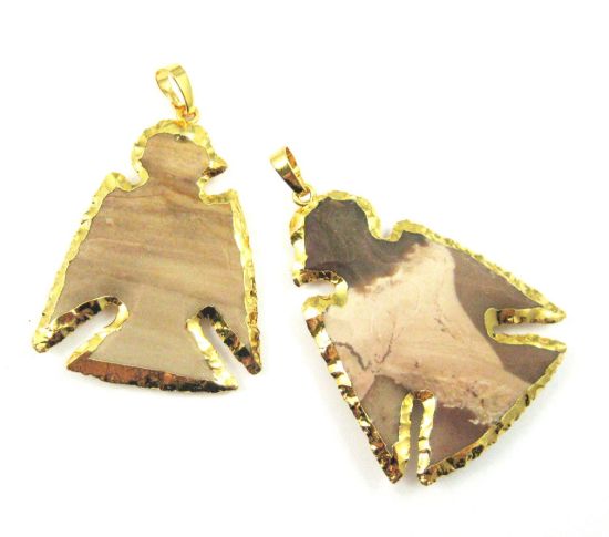 Wholesale Natural Indian Jasper Pendant, Carved Bird Arrowhead Pendant, Gold Dipped Edging, Folk Style Nature Stone Necklace Pendant- Pattern Style Stone