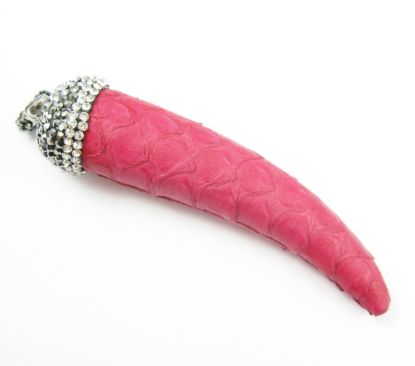Wholesale Natural Jasper Leather Wrapped Tusk Pendant - Pink Leather with Pave Bail - 70mm