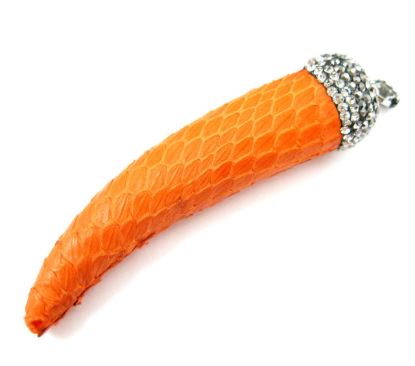 Wholesale Natural Jasper Leather Wrapped Tusk Pendant - Orange Leather with Pave Bail - 70mm