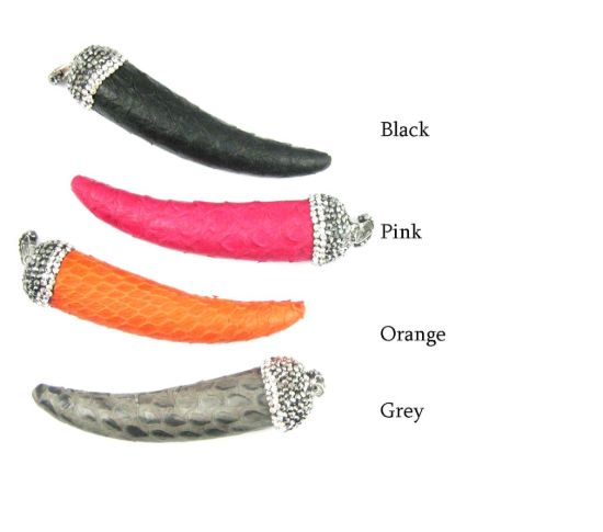 Wholesale Natural Jasper Leather Wrapped Tusk Pendant - Orange Leather with Pave Bail - 70mm