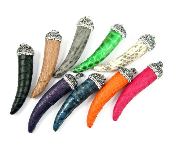 Wholesale Natural Jasper Leather Wrapped Tusk Pendant - Orange Leather with Pave Bail - 70mm