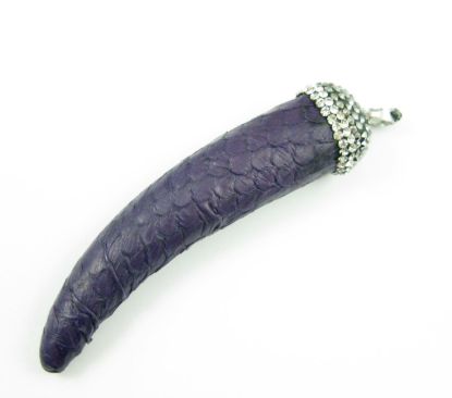 Wholesale Natural Jasper Leather Wrapped Tusk Pendant - Purple Leather with Pave Bail - 70mm