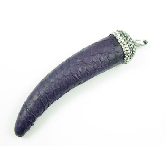 Wholesale Natural Jasper Leather Wrapped Tusk Pendant - Purple Leather with Pave Bail - 70mm
