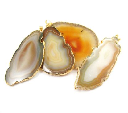 Wholesale Agate Slice Pendant, Huge Pendant, Natural Agate Organic Oval Shape Pendant Gold Edging and Bail, Unique Original Natural Color