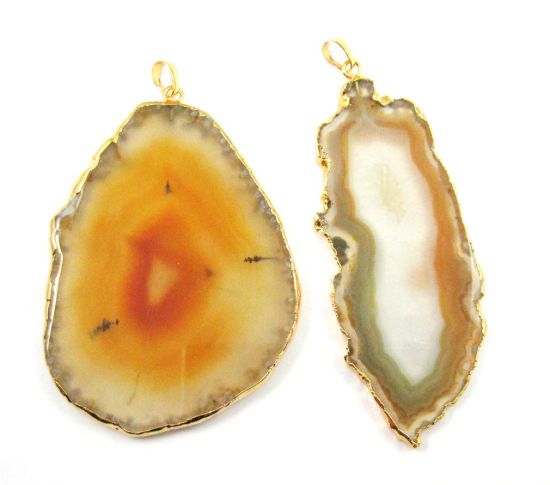 Wholesale Agate Slice Pendant, Huge Pendant, Natural Agate Organic Oval Shape Pendant Gold Edging and Bail, Unique Original Natural Color