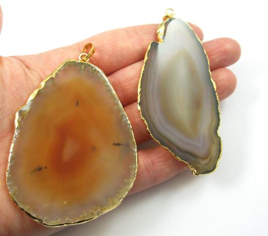 Wholesale Agate Slice Pendant, Huge Pendant, Natural Agate Organic Oval Shape Pendant Gold Edging and Bail, Unique Original Natural Color