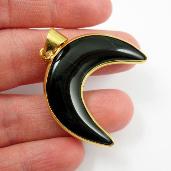 Wholesale Natural Black Agate Necklace Pendant, Arch Shape Pendant, Natural Black Agate, Crescent Shape Pendant Gold plated Brass - 35mm
