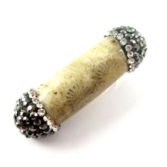Wholesale Natural Coral Fossil Bead Connector with Zircon Pave Stone Tips (1 pc)