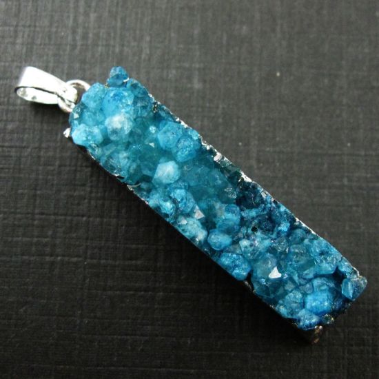 Wholesale Druzy Bar Pendant, Blue Purple Pink Druzy Agate Bar Pendant- Vertical- Silver plated Brass Edge and Bail - 52mm
